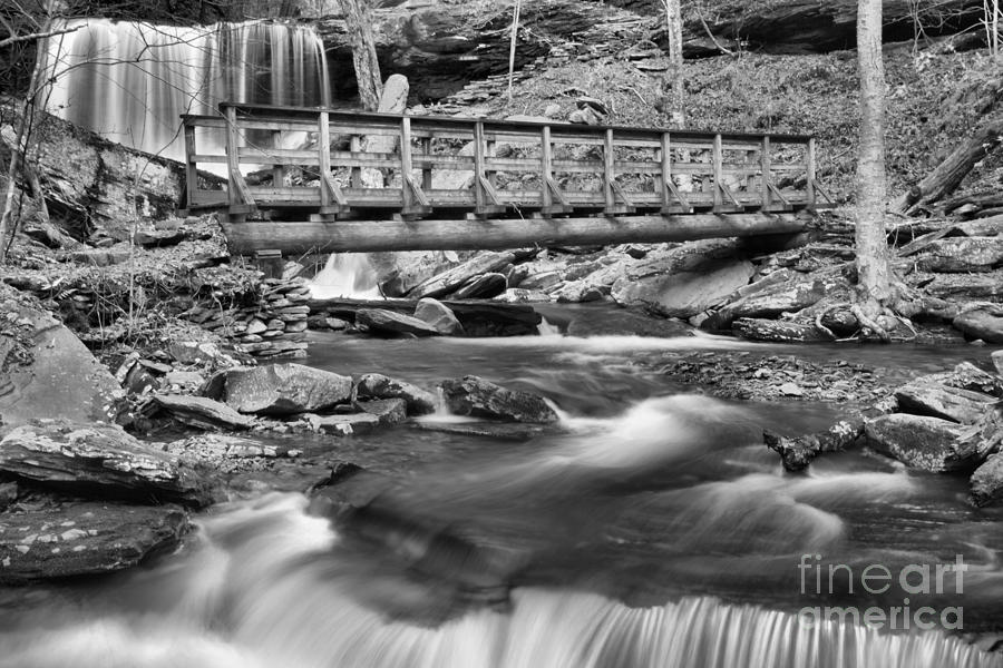 Waterfall Photograph - Ricketts Glen Hiking Bridge Black And White by Adam Jewell