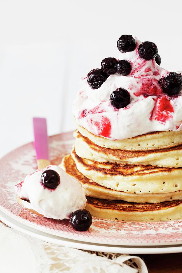 Ricotta Pancakes With Blueberries And Whipped Cream Photograph by Yelena Strokin