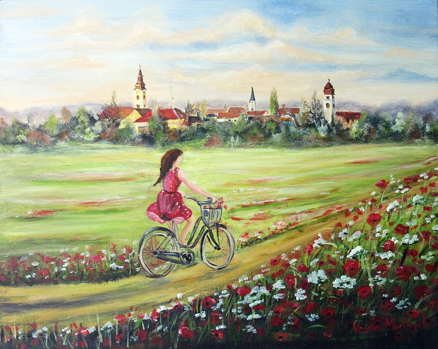 Flower Painting - Riding A Bicycle by Vesna Martinjak