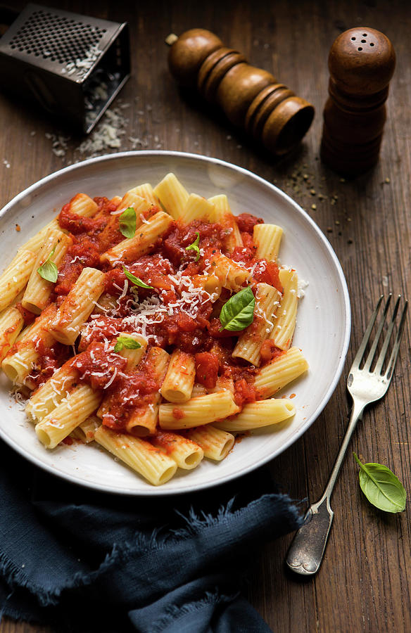 Rigatoni Pasta With Tomato And Basil Sauce Photograph by Stacy Grant