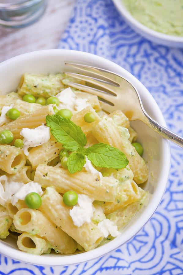Rigatoni With Pea And Mint Pesto And Goats Cream Cheese Photograph by Jennifer Blume