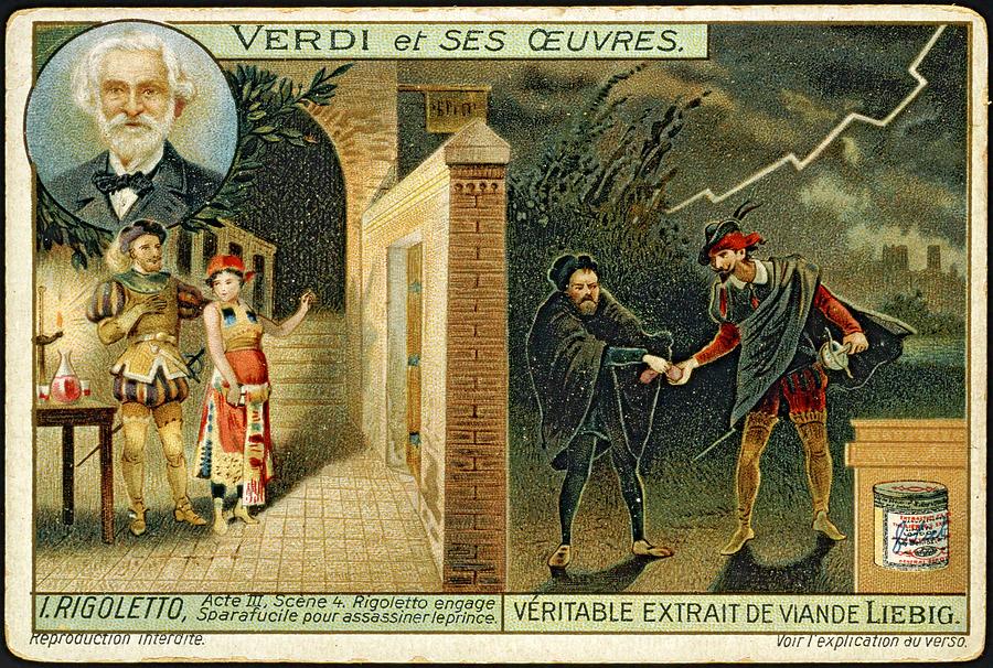 Rigoletto employs Sparafucile to murder Duke from Verdi opera Act III, Scene 4. Liebig card. Painting by Album Rigoletto employs Sparafucile to murder Duke from Verdi opera Act III, Scene 4. Liebig card. Painting by Album