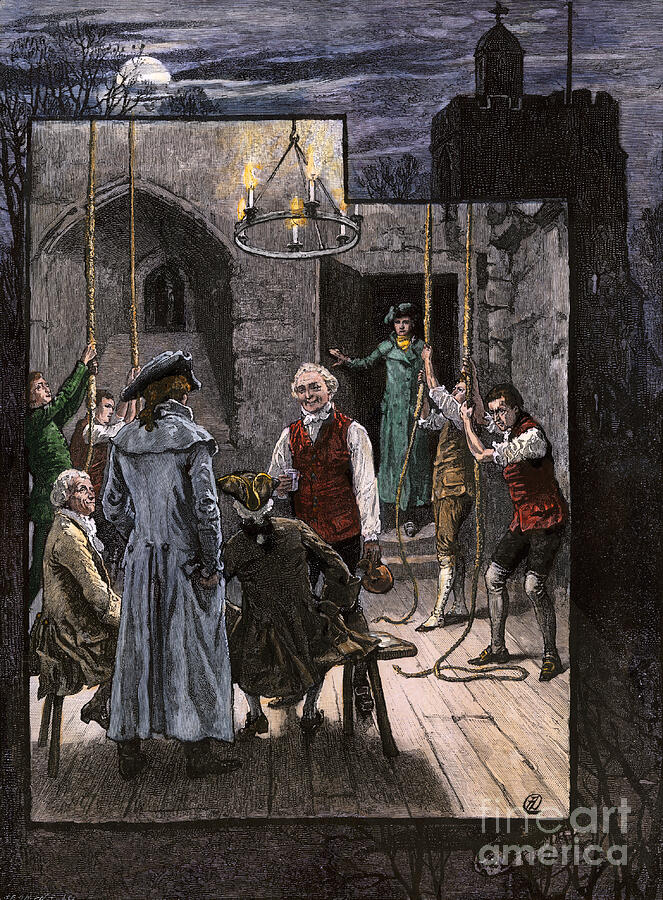 Ringing Christmas Bells In An English Belfry, 1700s Everyday Life, England Christmas Night, Men Bells In The Belfry Around 1700 Colour Engraving, 19th Century Drawing by American School
