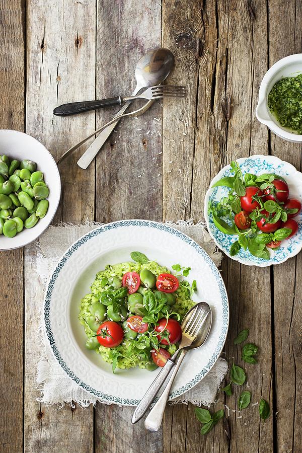 Risotto With Broad Bean, Basil Pesto, Cherry Tomatoes, Parmesan, Fresh Basil And Oregano Photograph by Zuzanna Ploch