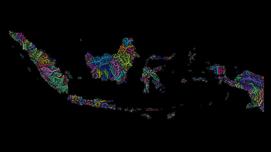 Wall Art Map Digital Art - River basins of Indonesia in rainbow colours by Grasshopper Geography