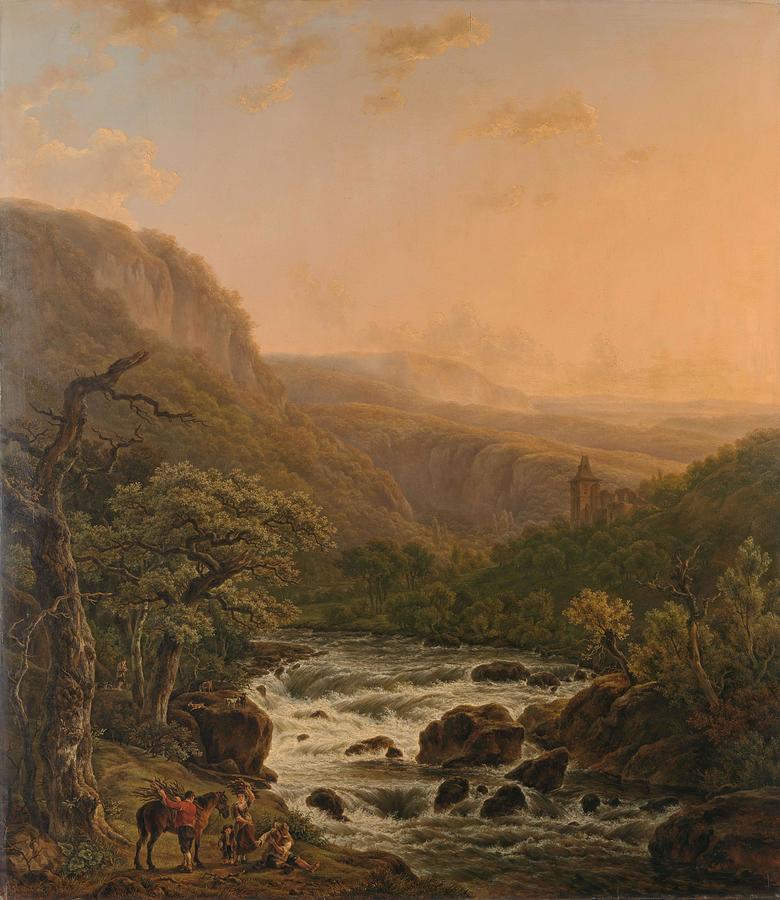 River in the Ardennes at Sunset. Painting by Henri van Assche -1774-1841-