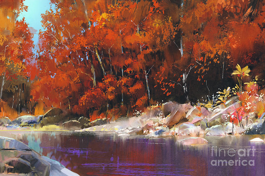 River In The Autumn Forest Landscape Digital Art By Tithi Luadthong