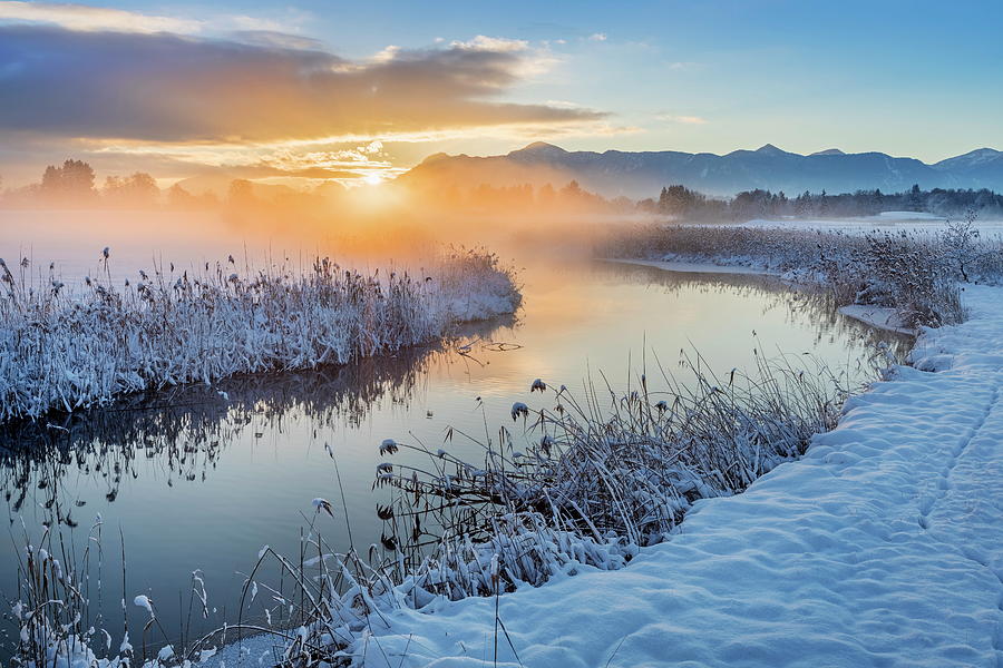 River In Winter Frost, Sunset Digital Art by Reinhard Schmid