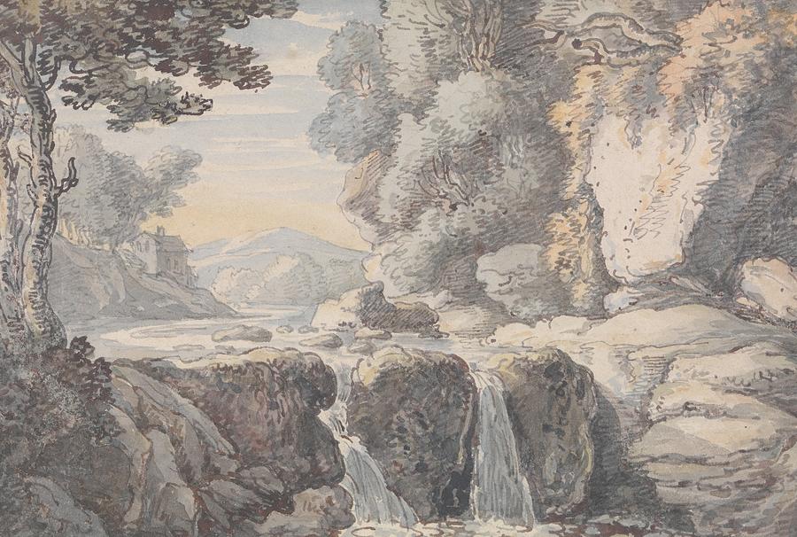 River Landscape with a Waterfall Drawing by Thomas Rowlandson