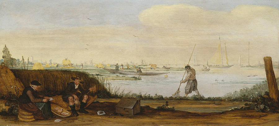 River Landscape with Boats and Fishermen Painting by Arent Arentsz