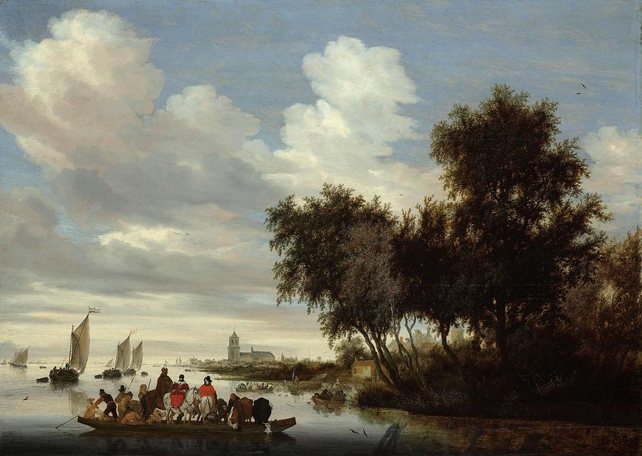 Cow Painting - River Landscape with Ferry. Rivierlandschap met een veerboot. by Salomon Van Ruysdael
