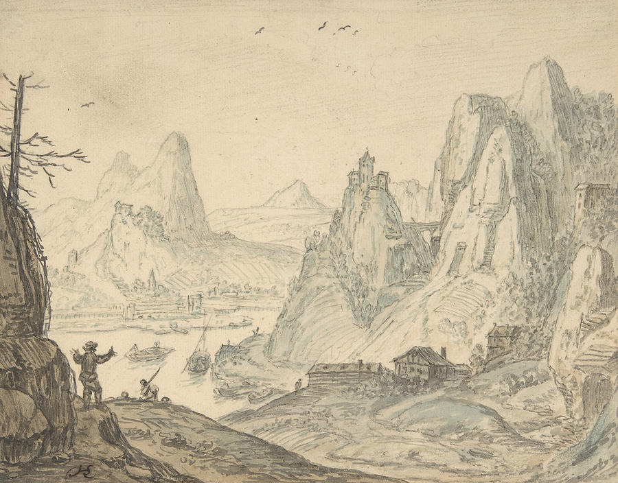Dutch Painters Drawing - River Landscape with Mountains by Herman Saftleven