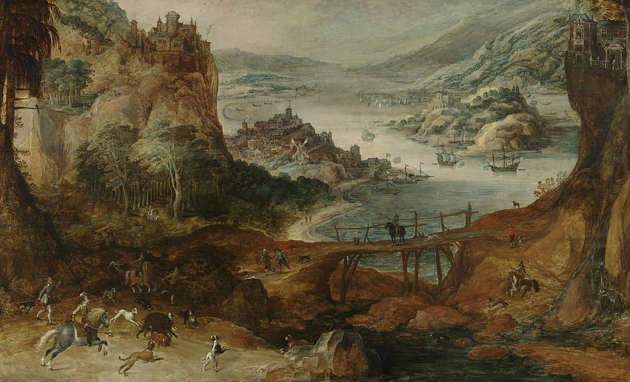 River Landscape with Wild Boar Hunt Painting by Joos de Momper