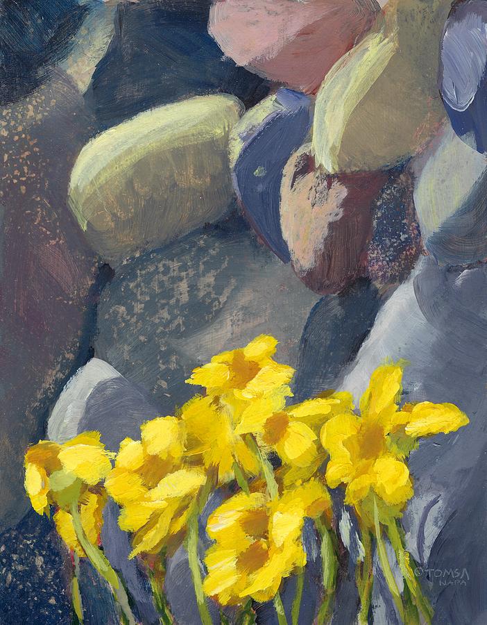 River Rock and Flowers Painting by Bill Tomsa