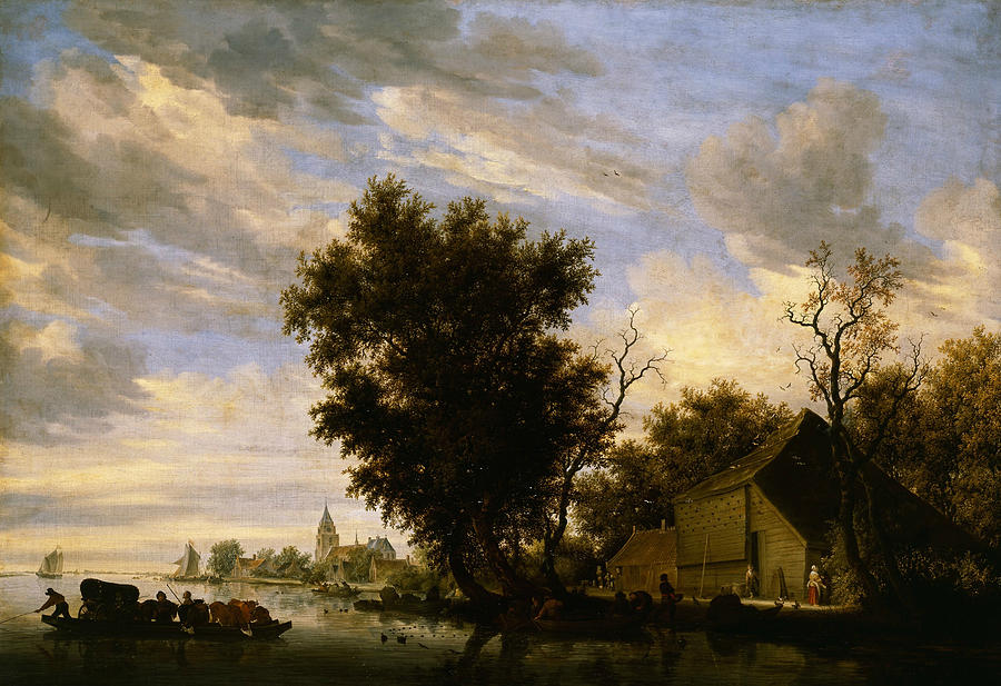 River Scene with Ferry Boat Painting by Salomon van Ruysdael