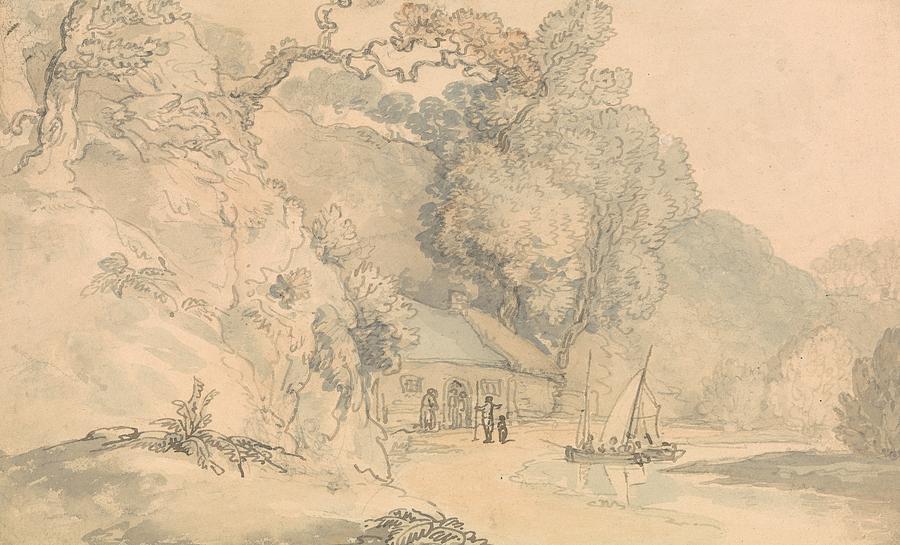 River Scene with Small Boats Drawing by Thomas Rowlandson