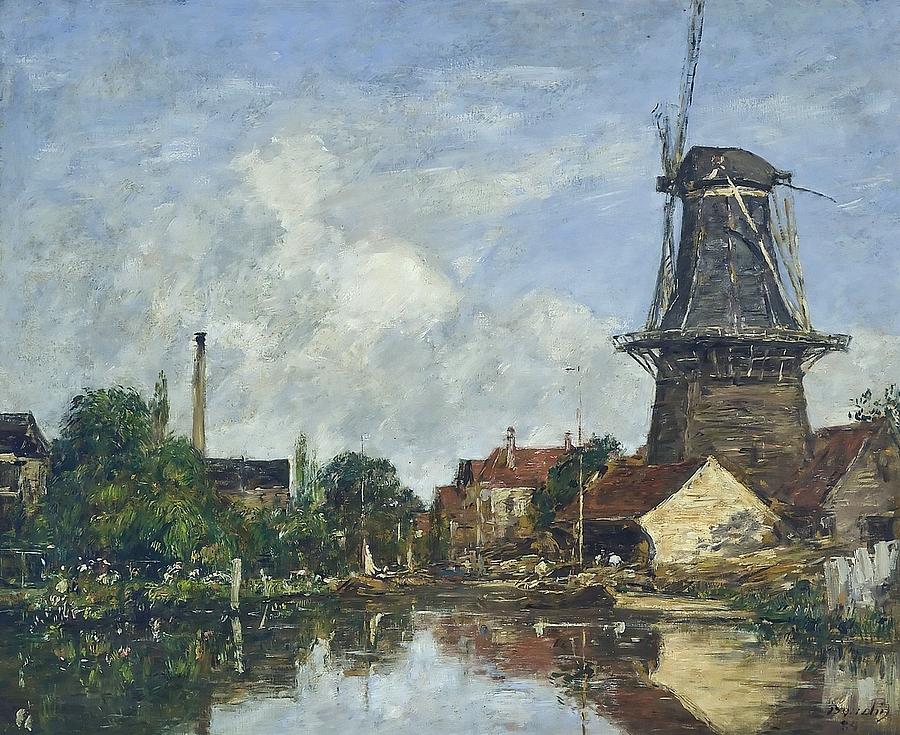 Eugene Boudin Painting - River Scene with Windmill at Dordrecht, Holland, 1884 by Eugene Boudin