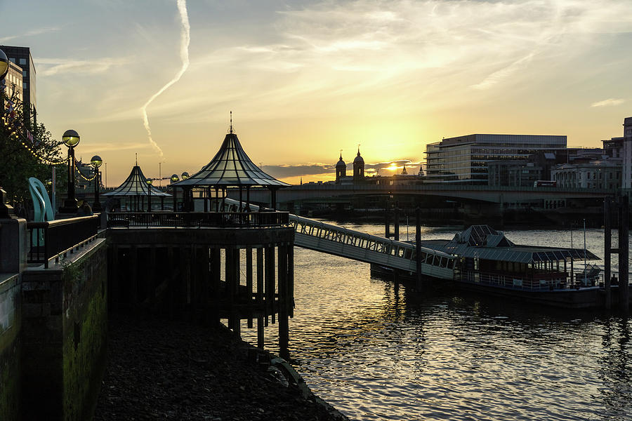 River Thames Glossy Sunset - London Bridge City Pier Ferry Terminal Southwark London Uk Photograph