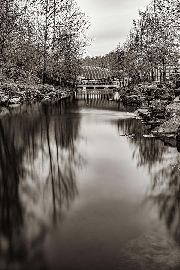 River to Crystal Bridges Museum of American Art - Bentonville Arkansas Sepia Photograph by Gregory Ballos