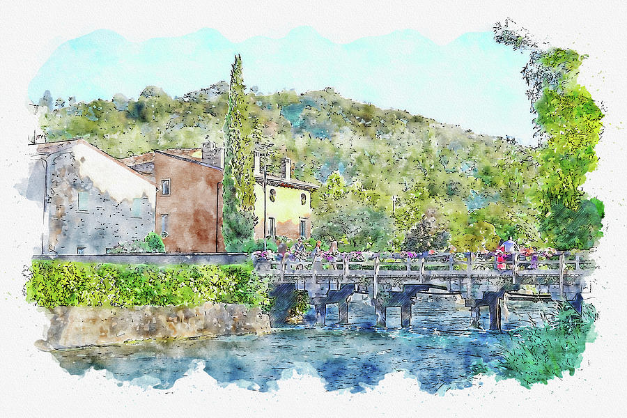 River #watercolor #sketch #river #village Digital Art by TintoDesigns