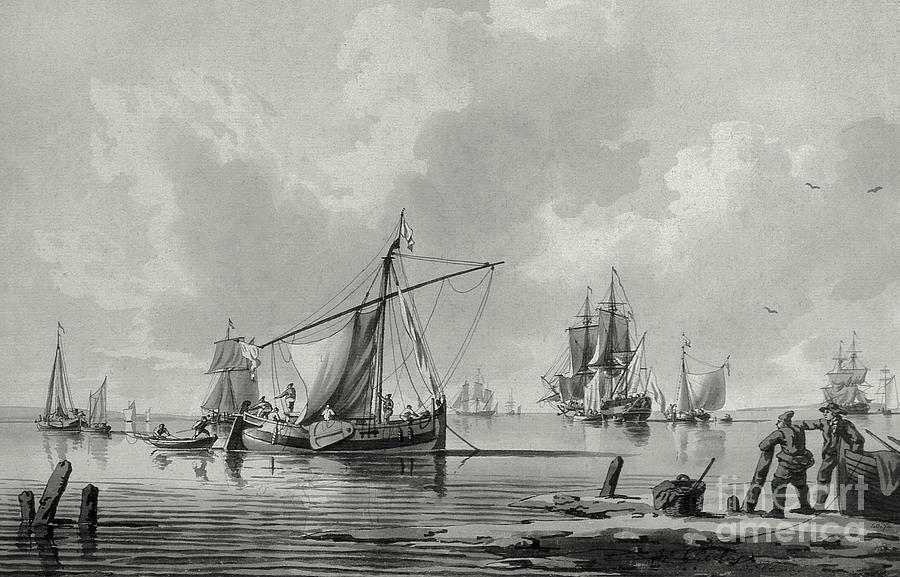 River with Shipping, 18th century Drawing by John the Younger Cleveley