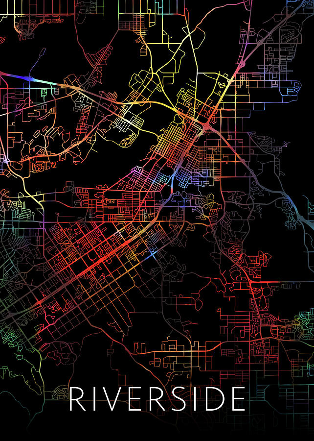 Riverside California Watercolor City Street Map Dark Mode Mixed Media ...