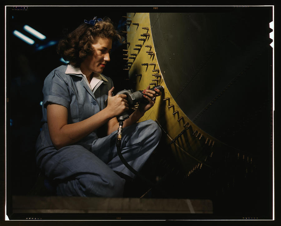 Riveter at work on Consolidated bomber Painting by Hollem, Howard R. .
