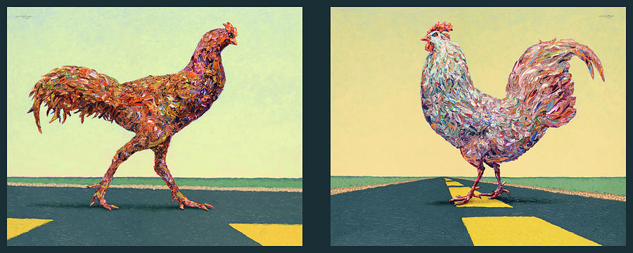 Chicken Painting - Road Chickens Diptych by James W. Johnson