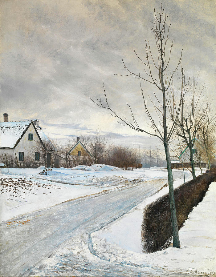 Winter Painting - Road In The Village Of Baldersbronde - Winter Day by Mountain Dreams