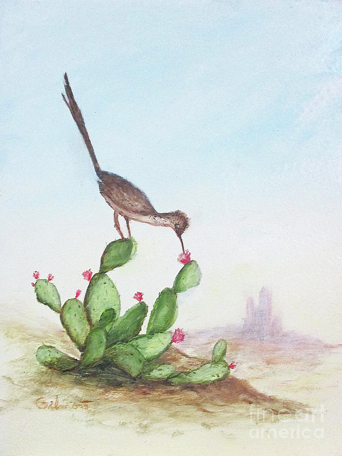 Roadrunner and Cacti Painting by Roseann Gilmore