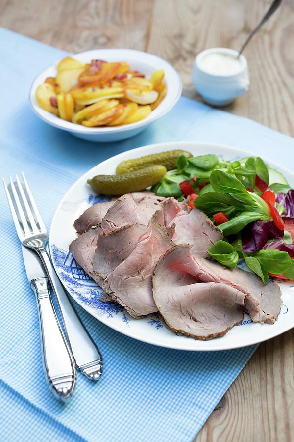 Roast Beef With A Side Salad, Fried Potatoes And Remoulade Photograph by Claudia Timmann