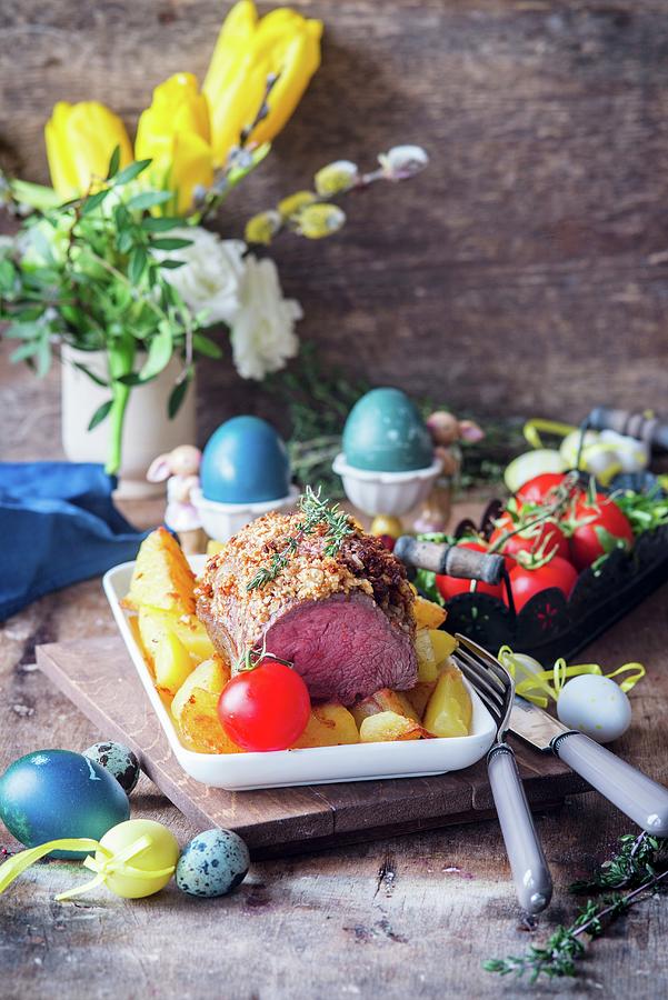 Roast Beef With An Almond And Egg White Crust And Potatoes For Easter Photograph by Irina Meliukh