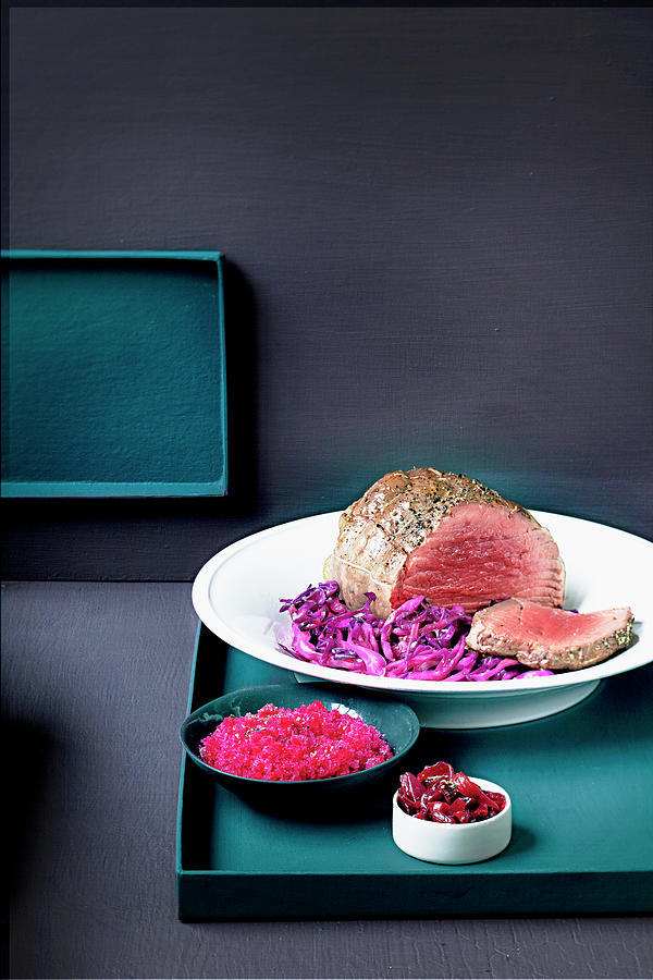 Roast Beef With Three Different Red Cabbage Dishes Photograph by Japy