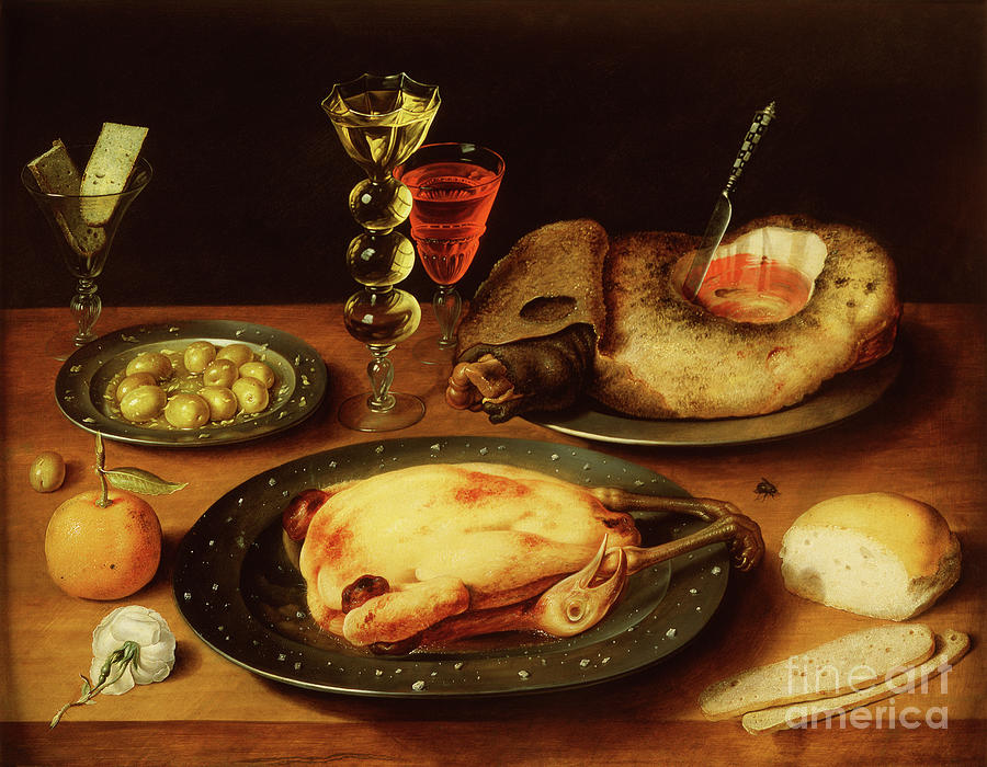 Roast Chicken, Ham And Olives On A Pewter Plate Oil On Panel Painting by Osias The Elder Beert