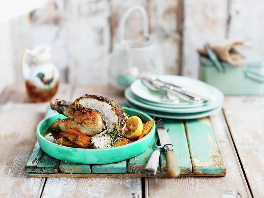 Roast Chicken With Lemon, Carrot And Thyme Photograph by Karen Thomas