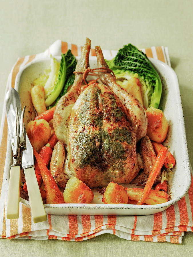 Roast Chicken With Potatoes, Carrots And Cabbage Photograph by Michael Paul