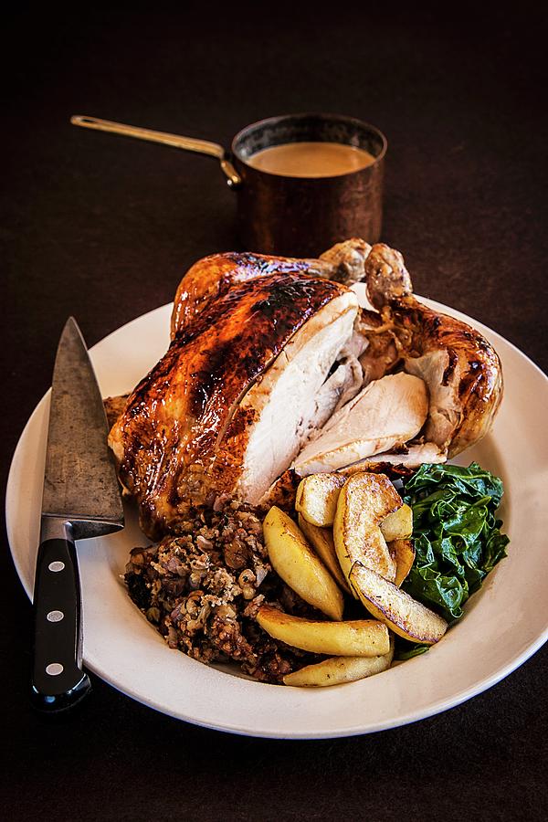 Roast Chicken With Stuffing, Spinach, Gravy And Baked Apples Photograph by The Food Union