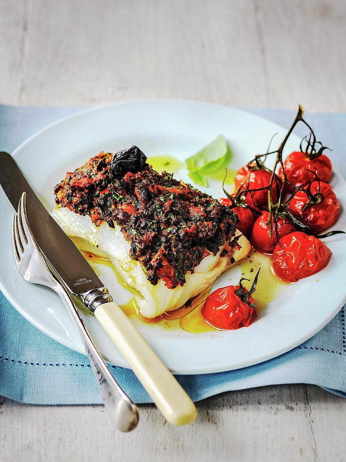 Roast Cod Topped With Olive And Sun Dried Tomato Tapenade And Roast Tomatos Photograph by Michael Paul
