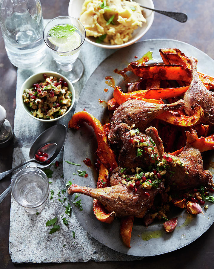 Roast Duck Legs With Butternut Squash, Pomegranate, Salad And Mash ...