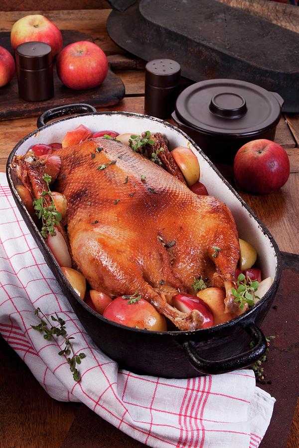 Roast Goose With Apples And Marjoram In A Roasting Dish Photograph by Wawrzyniak.asia