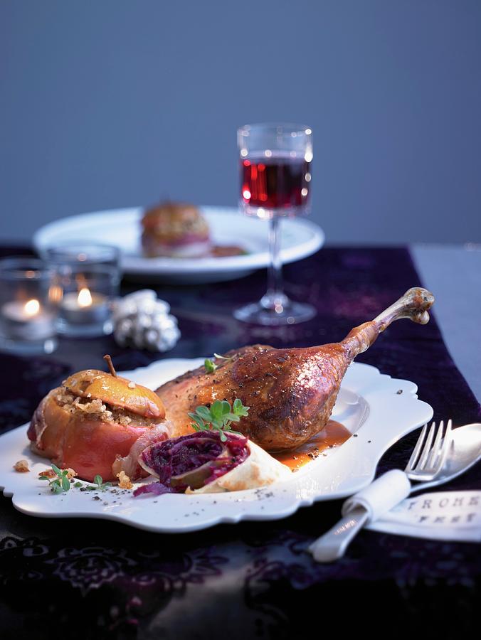Roast Goose With Baked Apple Sauce For Christmas Photograph by Jan-peter Westermann