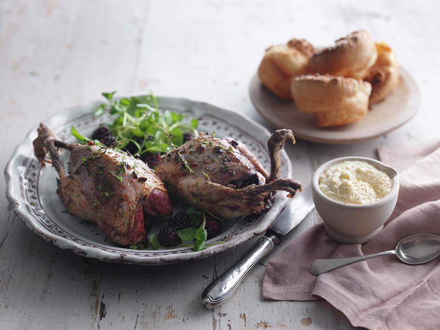 Roast Grouse With Bread Sauce And Yorkshire Puddings Photograph by Jonathan Gregson