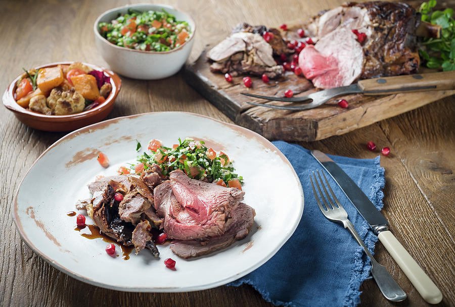 Roast Lamb With Herb Salad And Roasted Vegetables Photograph by Giulia Verdinelli Photography