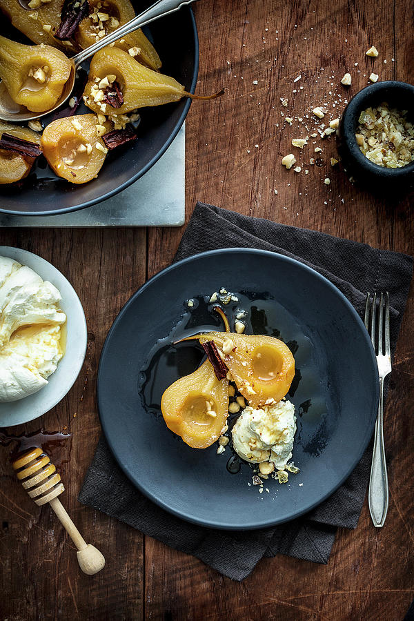 Roast Pears With Honey Labne And Candied Hazelnuts Photograph by The Food Union