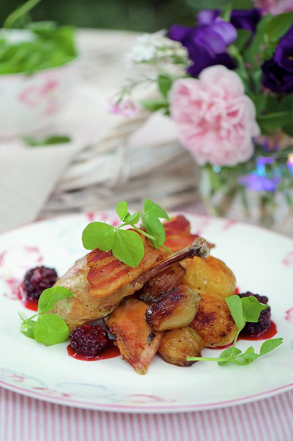Roast Pheasant With Bacon, Blackberry Sauce And Pea Leaves Photograph by Winfried Heinze
