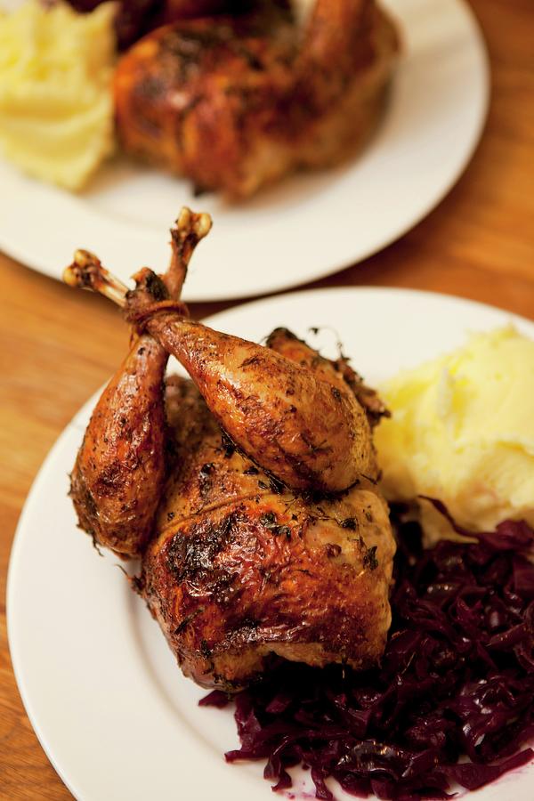 Roast Pheasant With Red Cabbage And Mashed Potato Photograph by Ian Miles