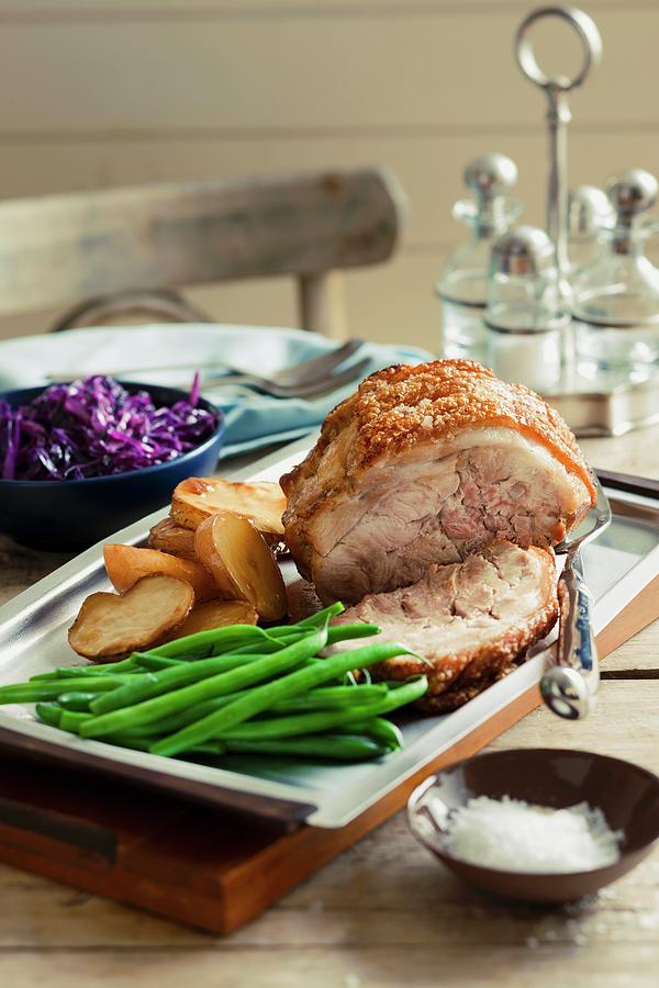 Wine Photograph - Roast Pork With Green Beans, Potatoes And Red Cabbage by Andrew Young