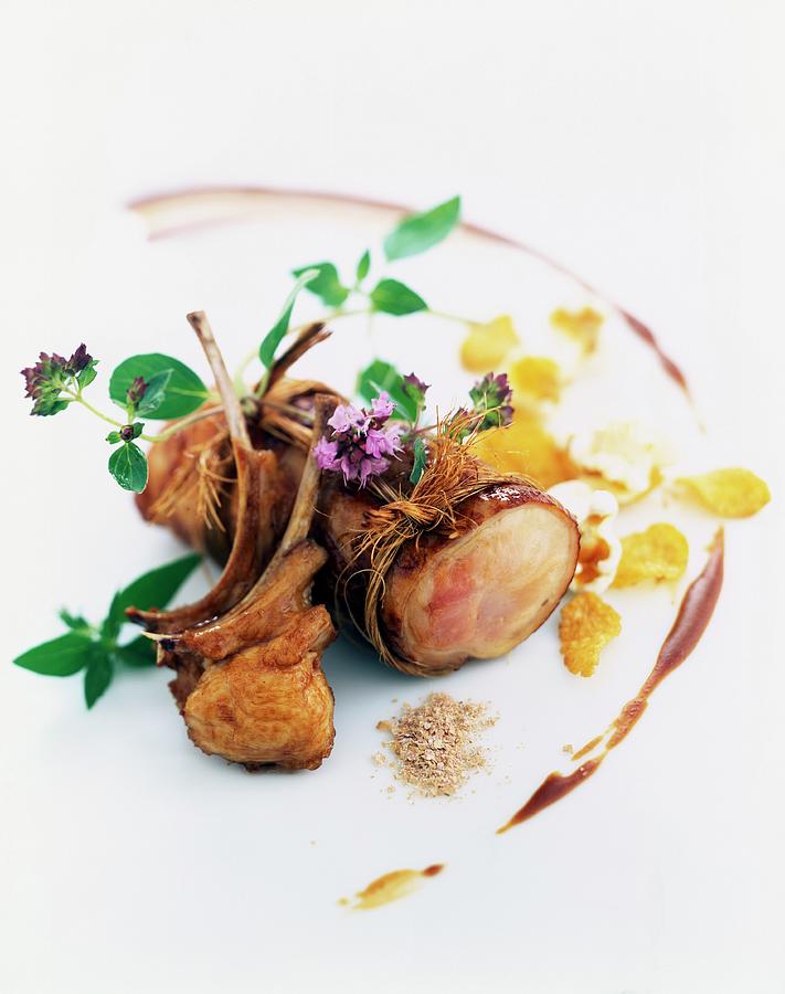 Roast Saddle Of Rabbit And Chops, Oregano, Bran And Popcorn Photograph by Roulier