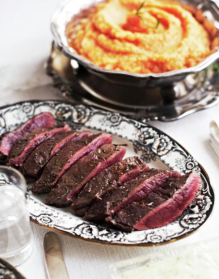 Roast Venison With Mashed Parsnips And Carrots For New Years Eve Photograph by Hannah Kompanik