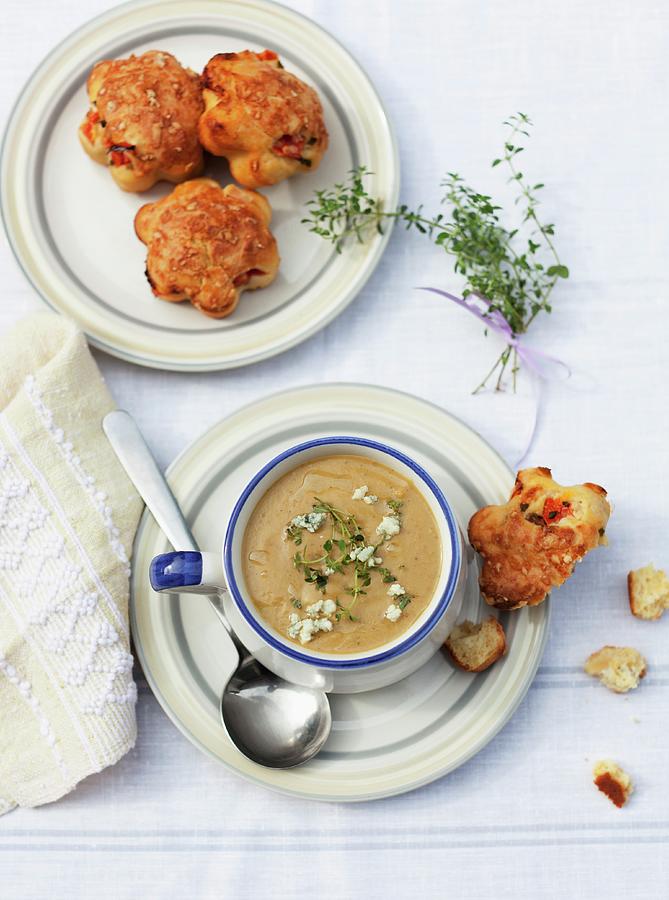 Cheese Photograph - Roasted Aubergine Soup With Tomato And Cheese Rolls by Strokin, Yelena